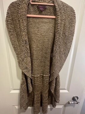 Beverly Drive Metallic Gold Open Knit Ruffle Hem Cardigan 1X